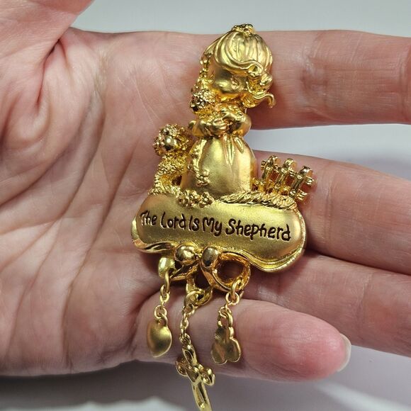 Vintage PMI Precious Moments gold tone Brooch The Lord is My Shepherd w/charms - Picture 2 of 10